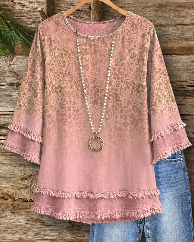 Leopard Print Tiered Fringe Trim Flare Sleeve Casual Blouse