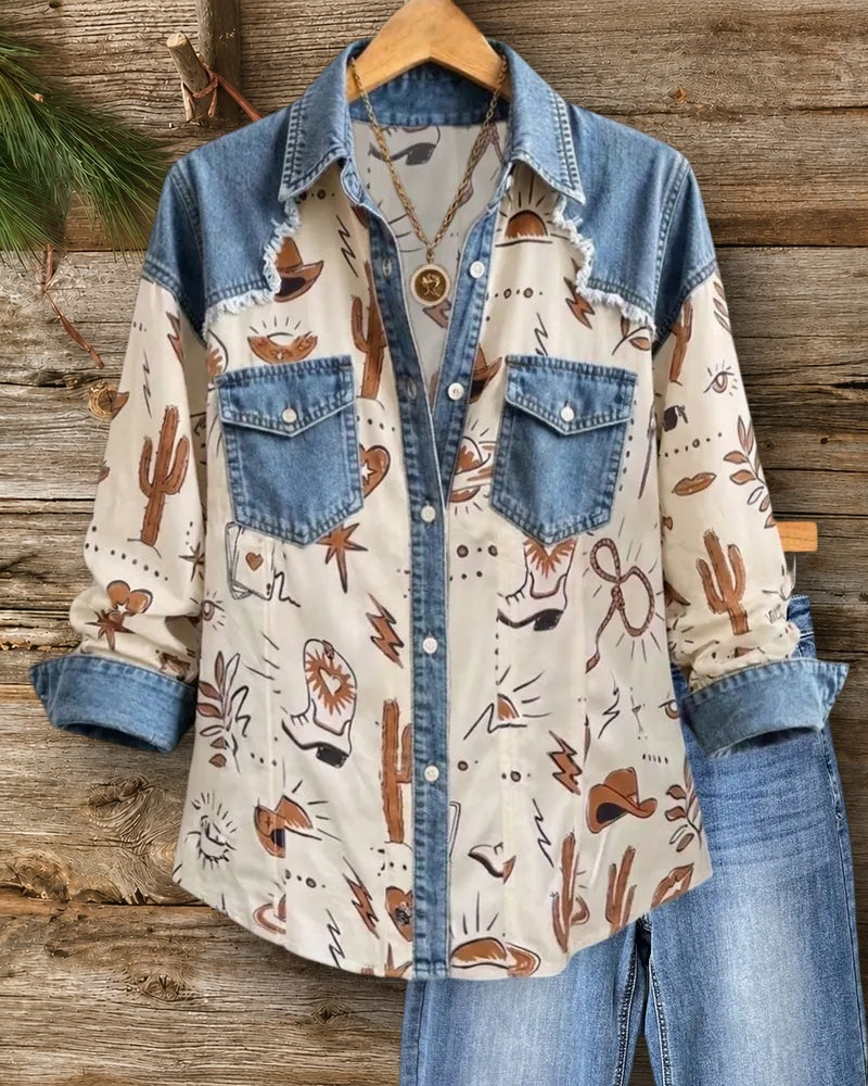Denim Panel Western Print Button Up Shirt With Pockets