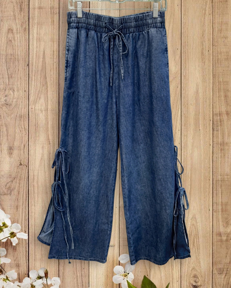 Drawstring Waist Side Tie Slit Casual Wide Leg Pants