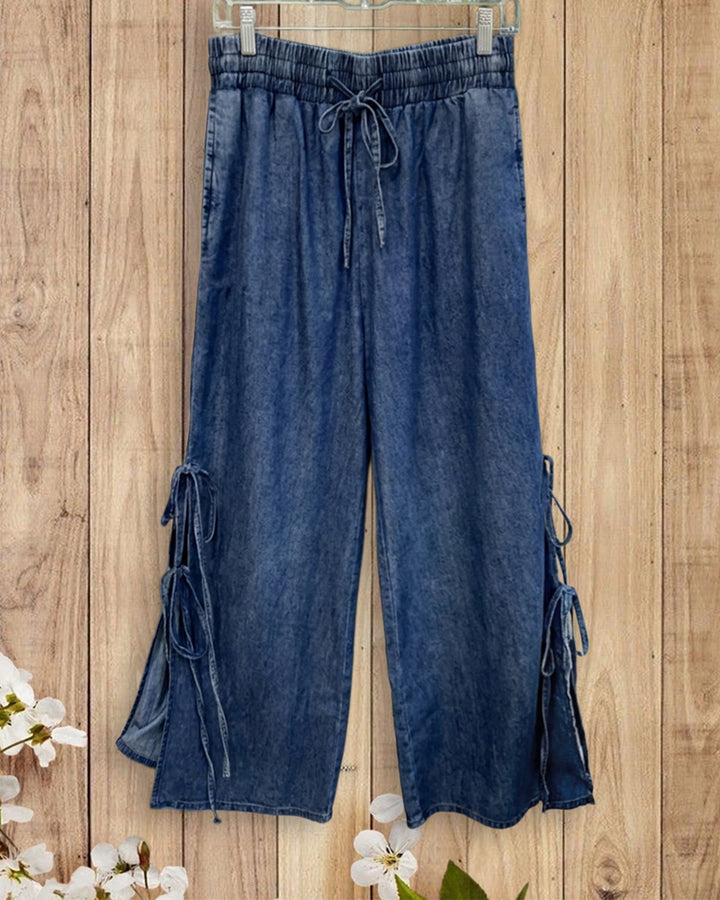 Drawstring Waist Side Tie Slit Casual Wide Leg Pants