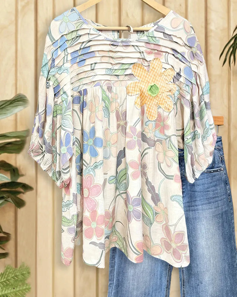 Applique & Floral Print Pleated Detail Rocking Blouse
