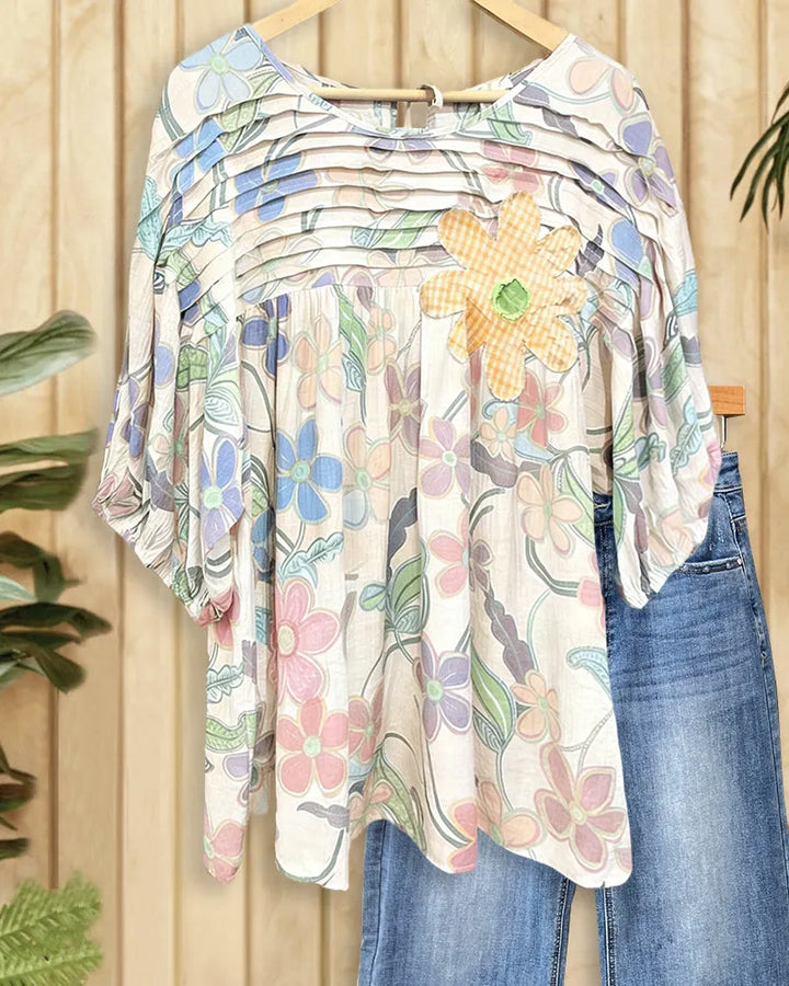 Applique & Floral Print Pleated Detail Rocking Blouse