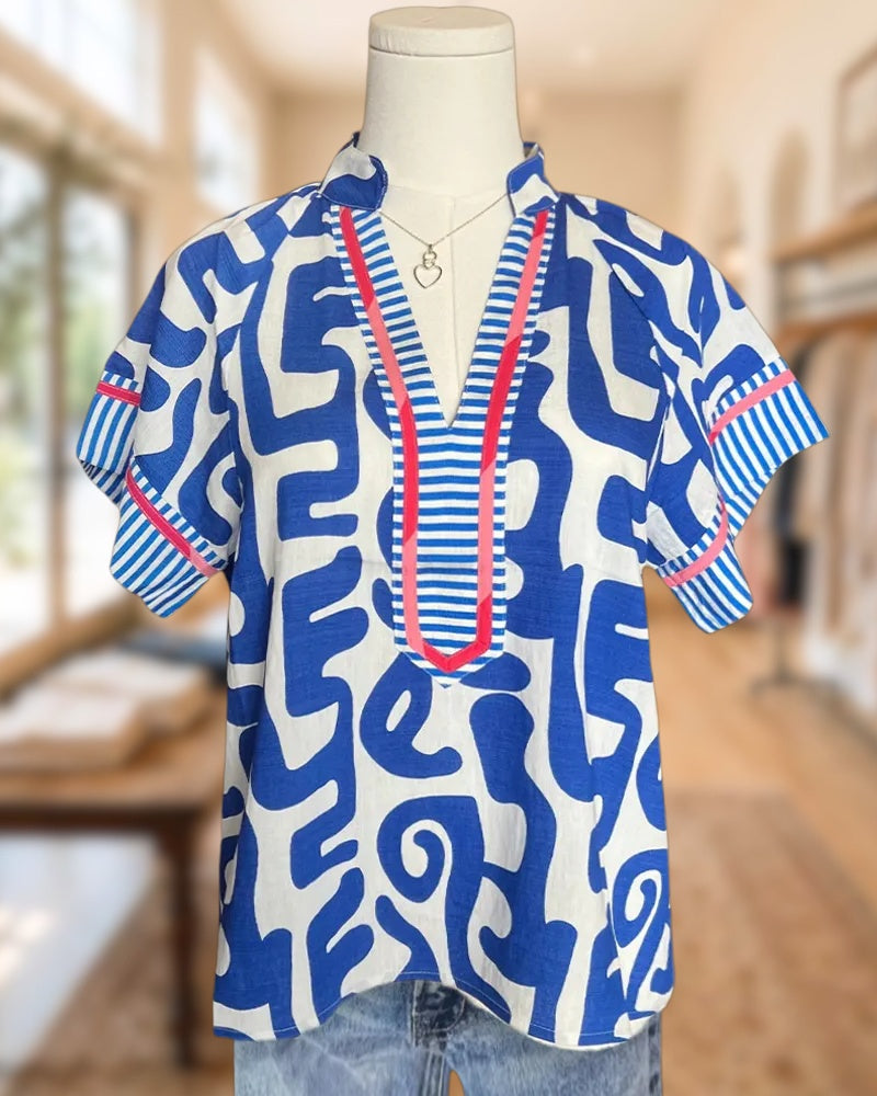 Abstract Print V Neck Cozy Blouse