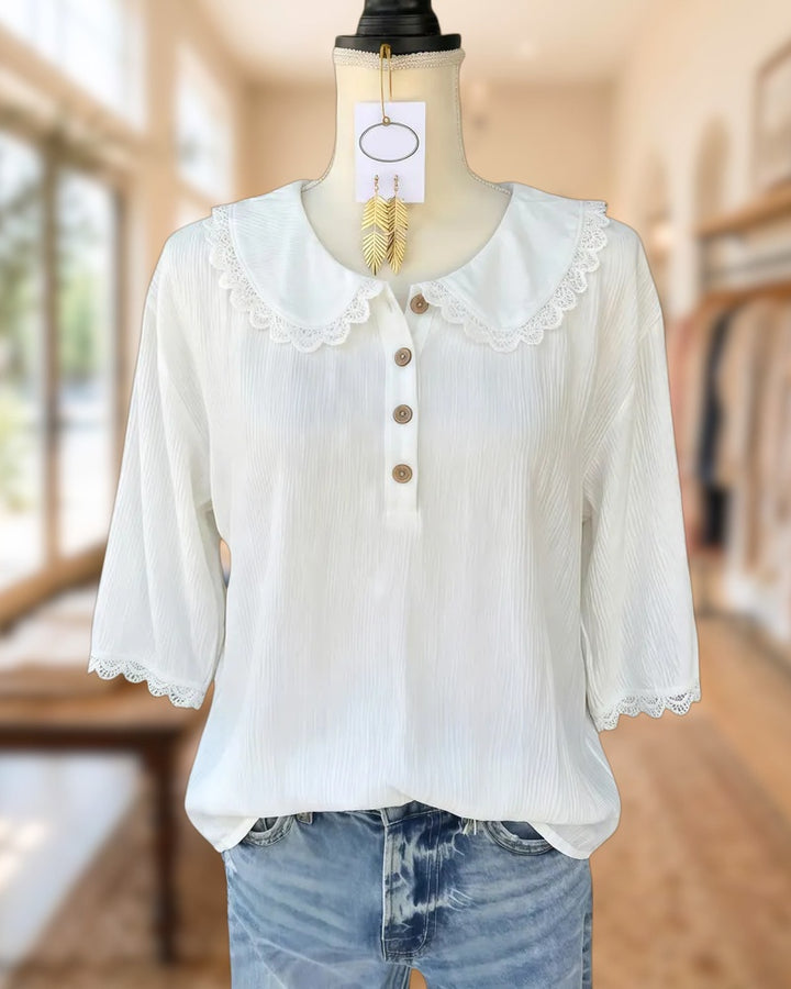 Solid Color Lace Trim Cute Peter Pan Collar Blouse
