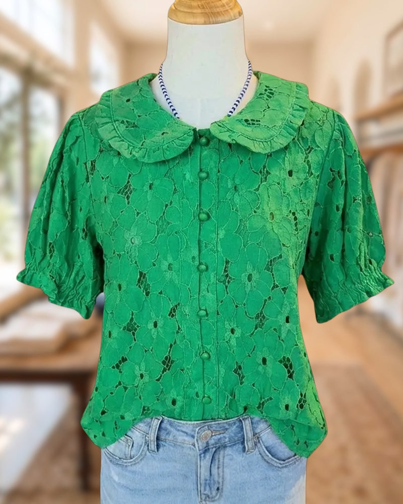 Floral Lace Cute Peter Pan Collar Button Up Blouse