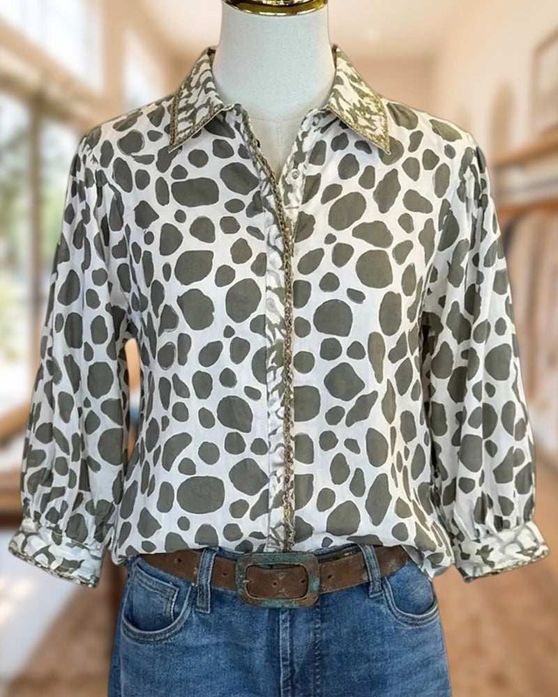 Animal Print Collared 3/4 Sleeve Button Up Casual Shirt