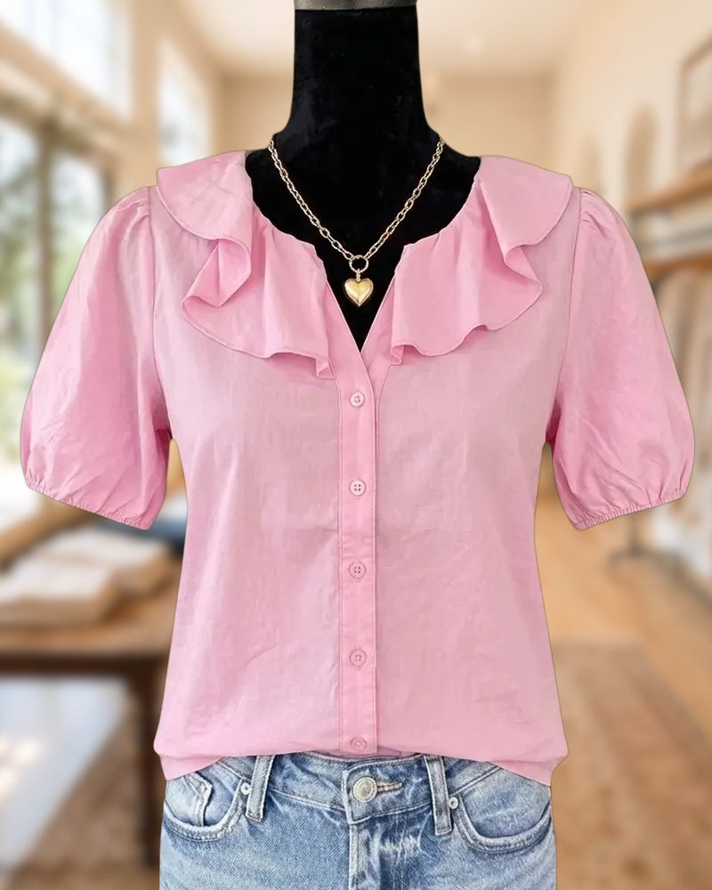 Ruffle Trim V Neck Button Front Puff Sleeve Blouse