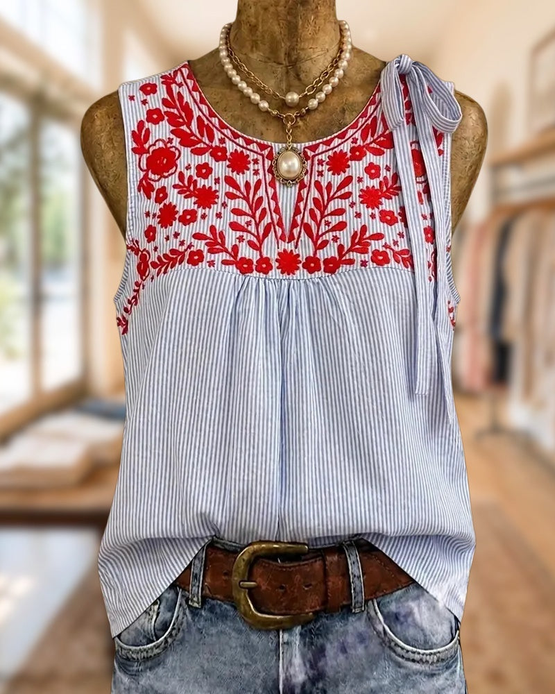 Embroidered Striped Sleeveless Tie Detail Round Neck Tank Top