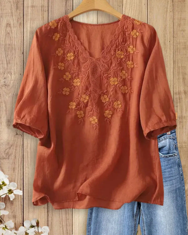 V Neck Floral Embroidered Half Sleeve High Low Hem Blouse