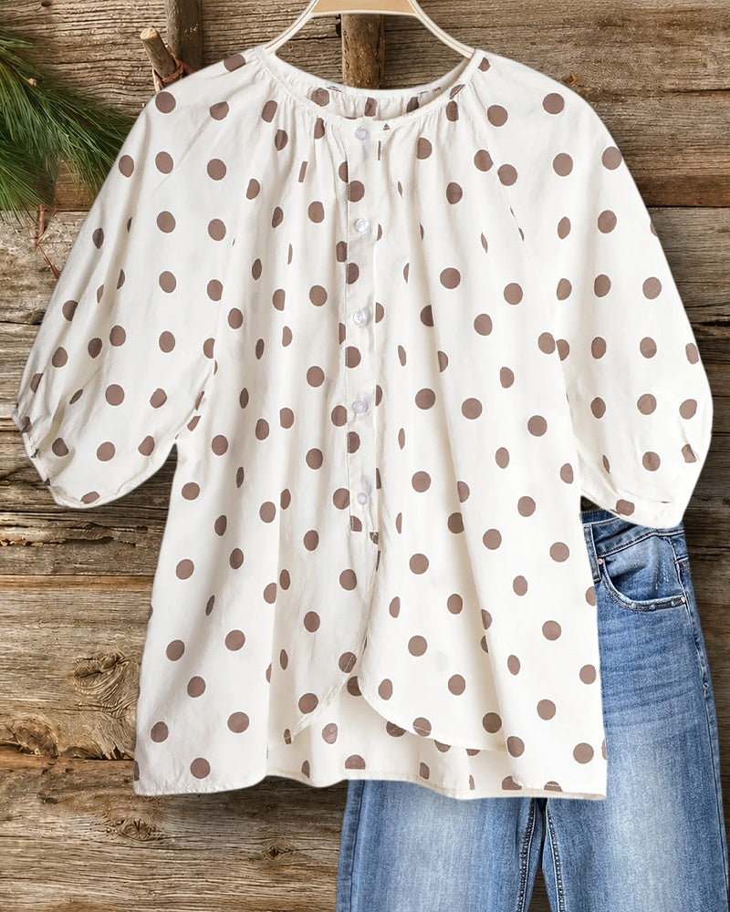 Polka Dot Button Front Puff Sleeve O Neck Cozy Blouse