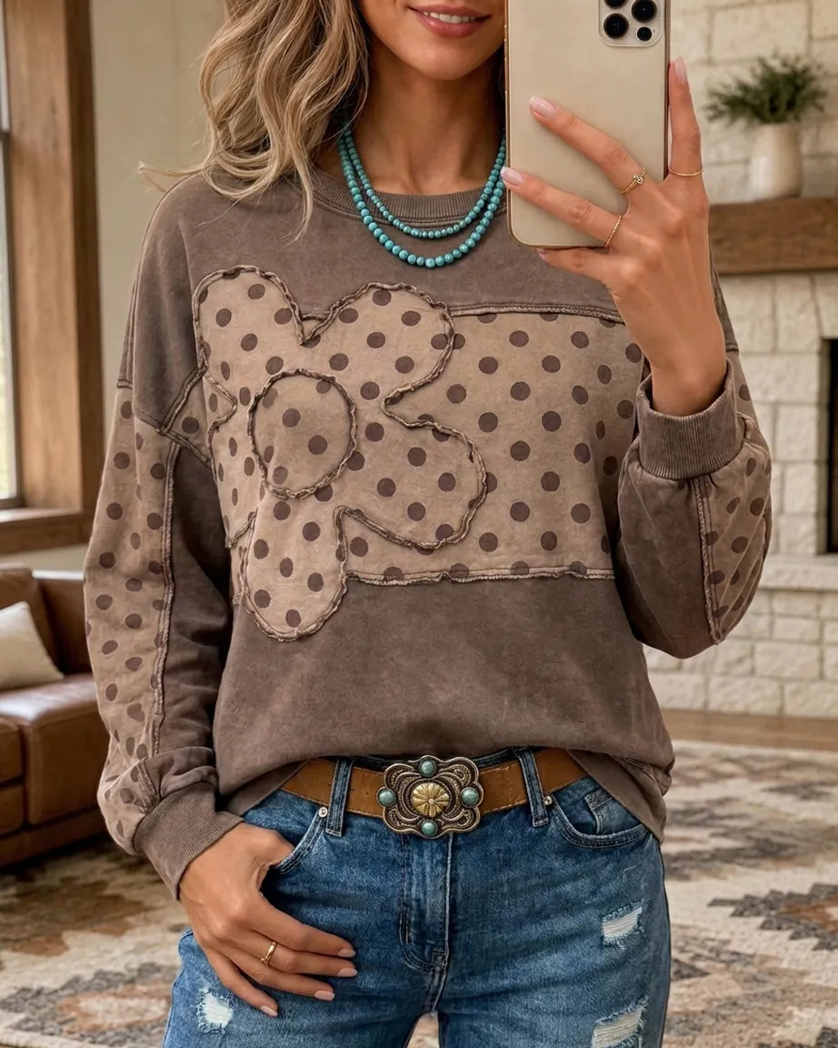 Long Sleeve Polka Dot Patchwork Flower Applique Crew Neck Sweatshirt