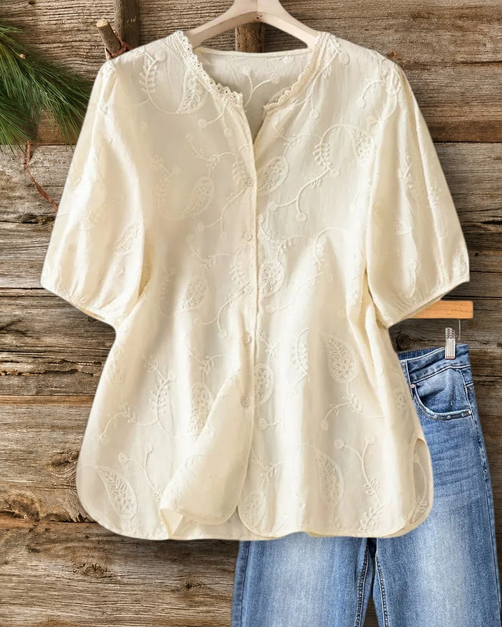 Embroidered Puff Sleeve Lace Trim Button Front Casual Blouse