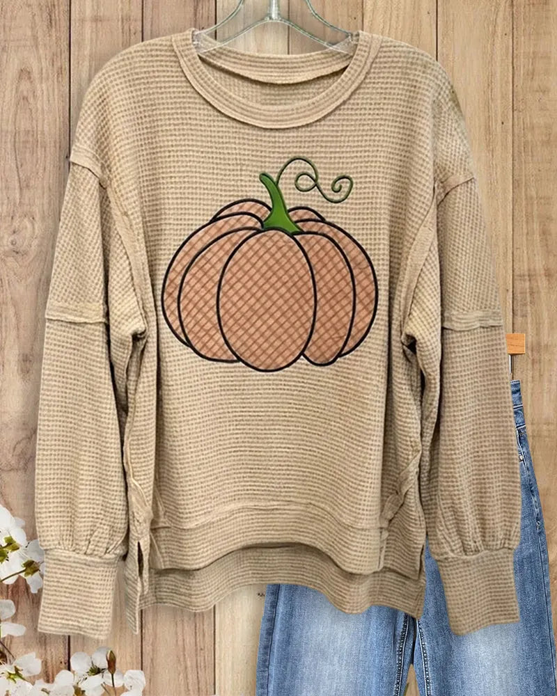 Waffle Knit Pumpkin Applique Long Sleeve Side Slit Casual Top