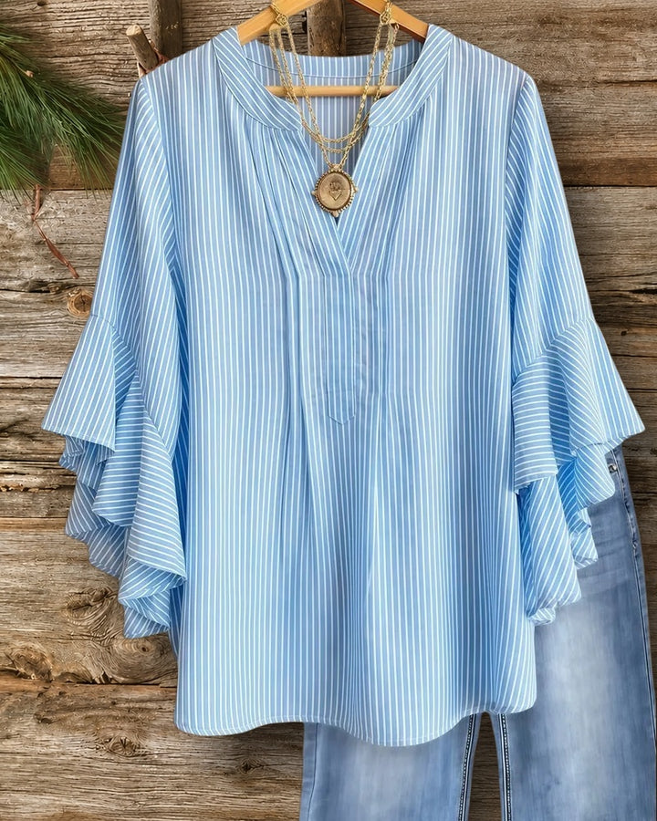 Striped Rocking Ruffle Sleeve V Neck Blouse