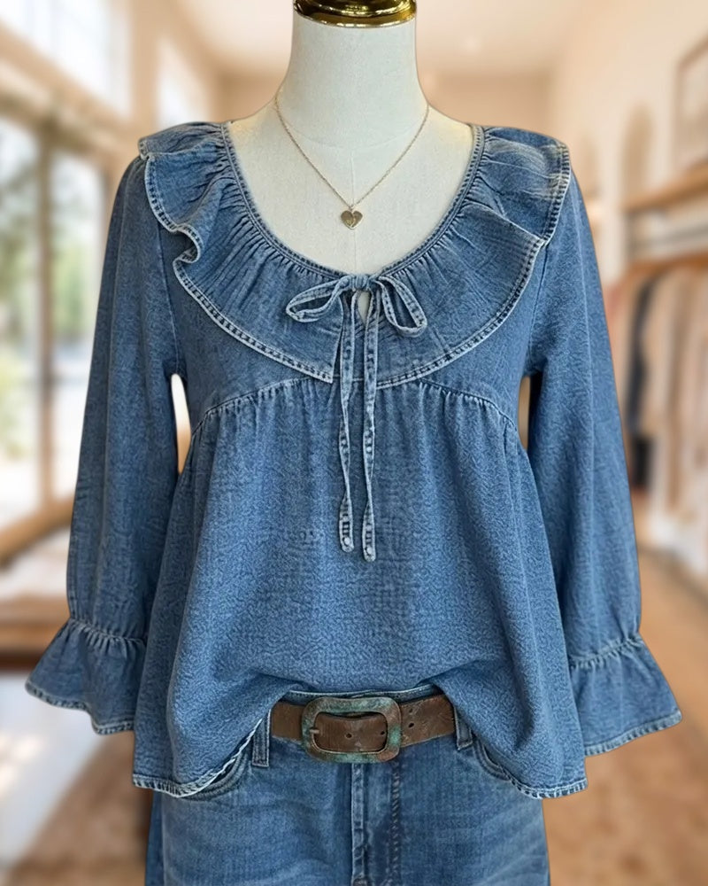Ruffled Tie Neck 3/4 Sleeve Flared Cuff Gathered Blouse