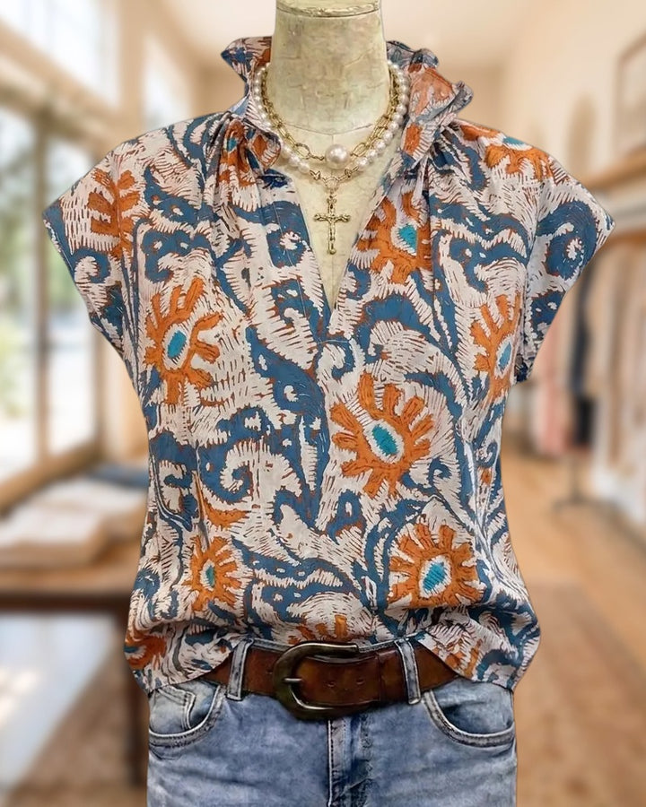 Ruffled V Neck Cap Sleeve Printed Casual Blouse