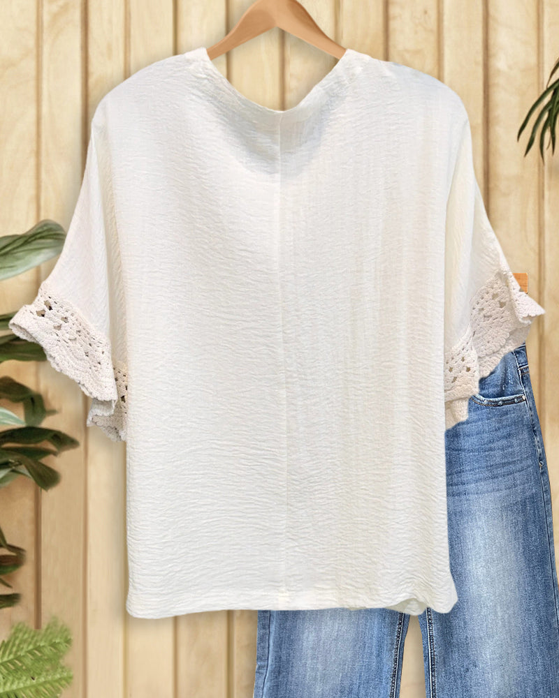 Solid Color V Neck Lace Trim Short Sleeve Casual Blouse