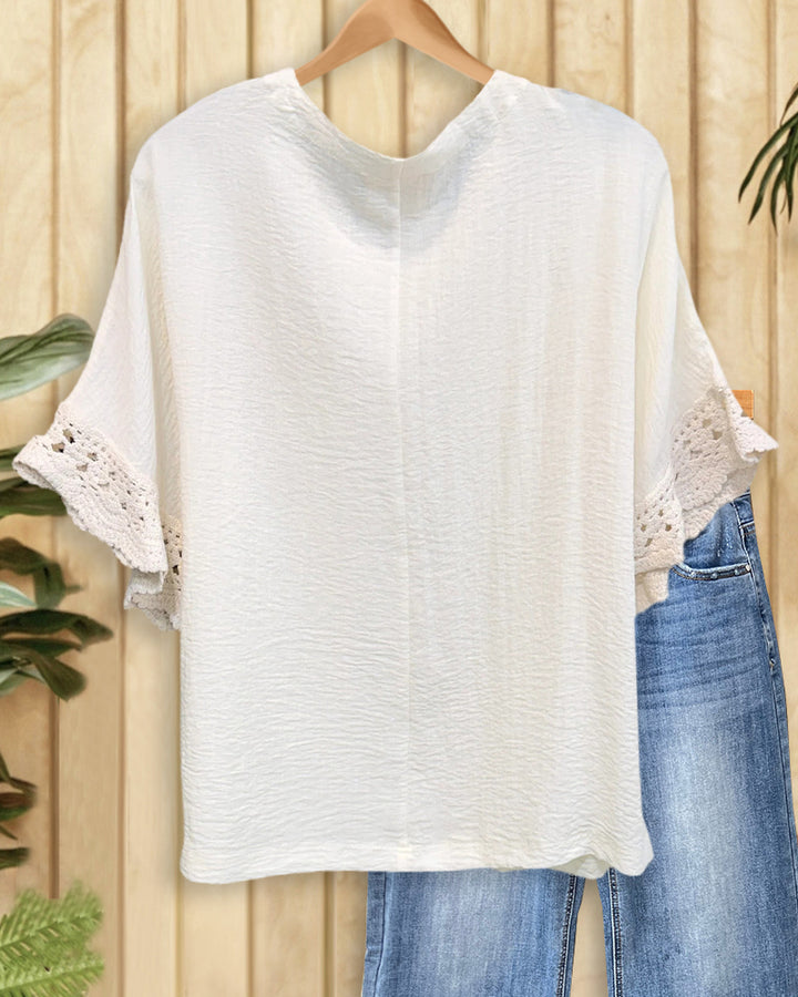 Solid Color V Neck Lace Trim Short Sleeve Casual Blouse