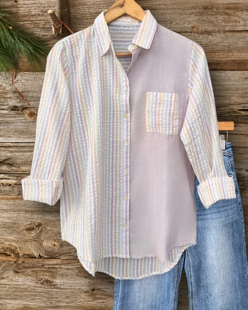 Striped Patchwork Pocket Button Shirt