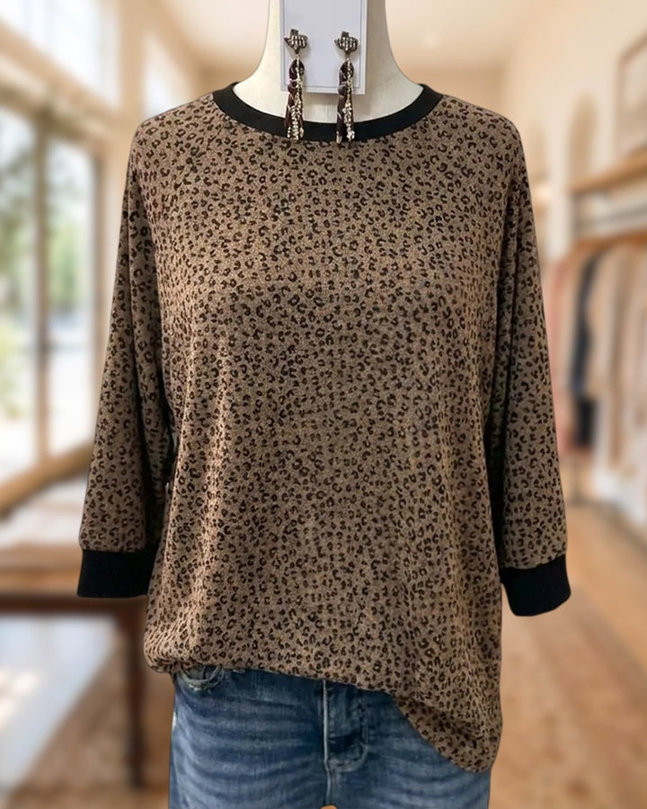 Leopard Print Contrast Trim 3/4 Sleeve Loose Fit Casual Blouse