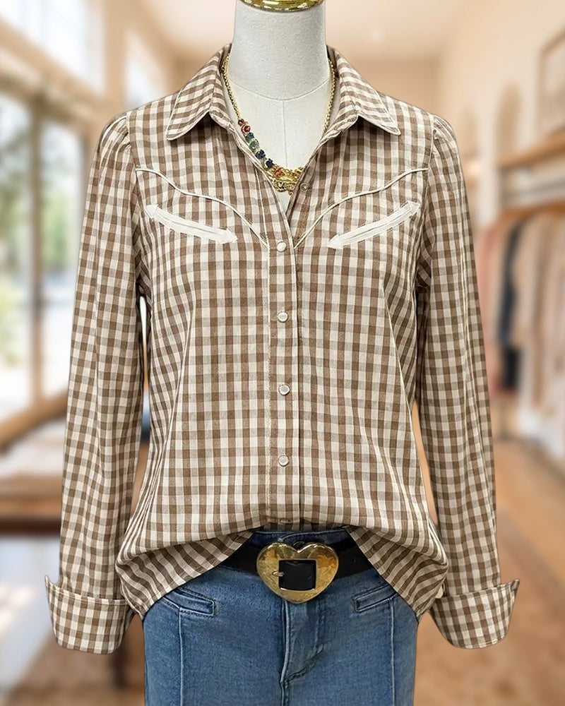 Gingham Western Yoke Long Sleeve Snap Button Casual Shirt