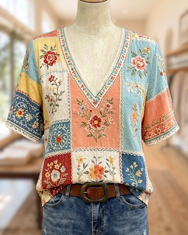 V Neck Lace Trim Patchwork Embroidered Short Sleeve Blouse