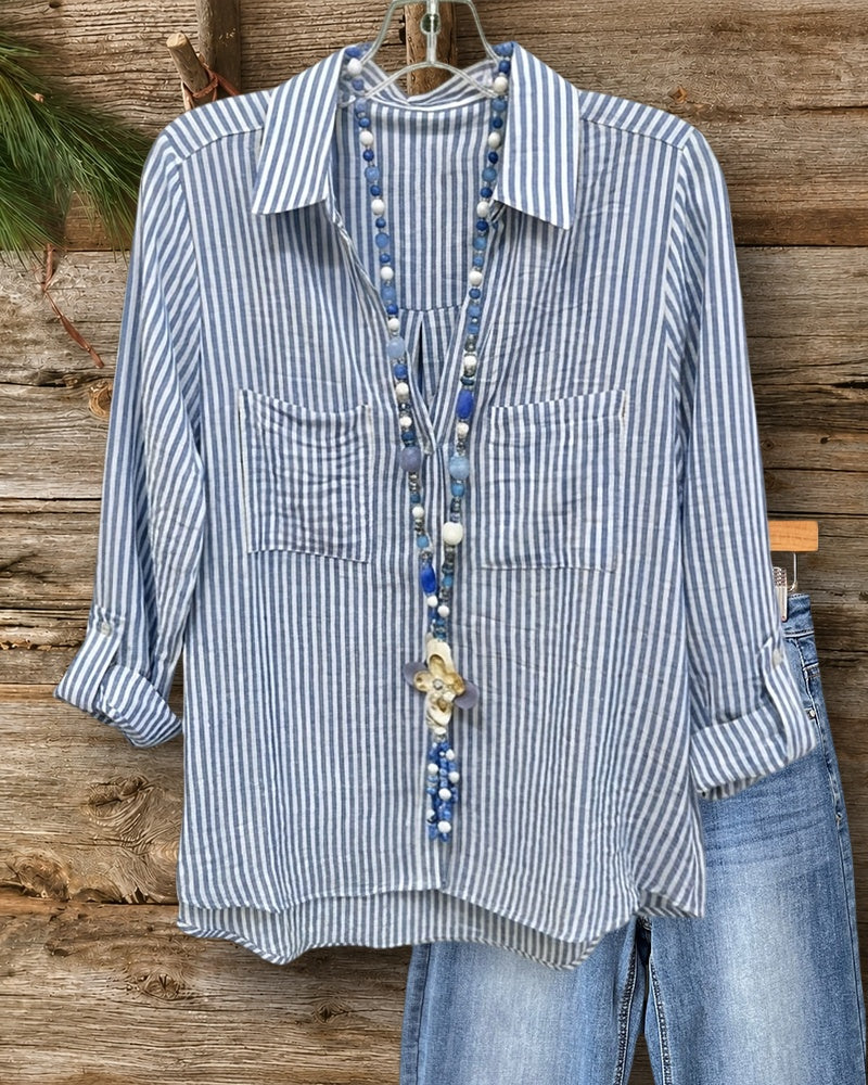Collared Striped Shirt With Pockets Rolled Cuffs High Low Hem