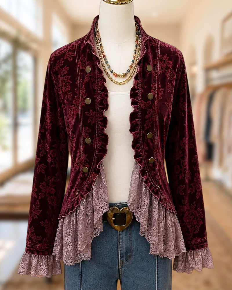 Floral Velvet Ruffled Lace Trim Decorative Button Open Front Jacket