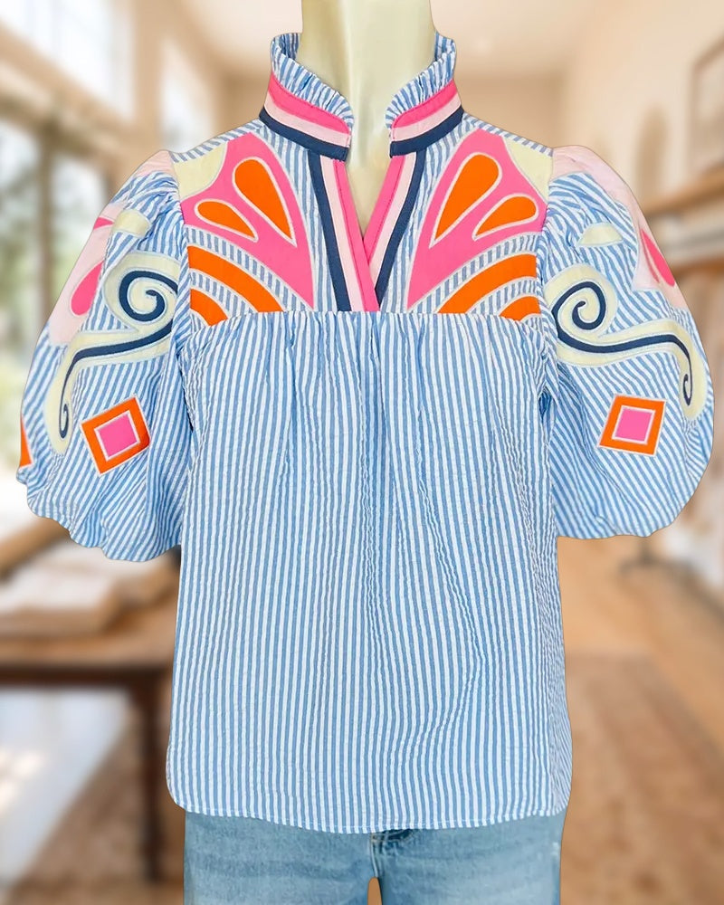 Abstract Embroidery & Striped Chic Puff Sleeve Blouse