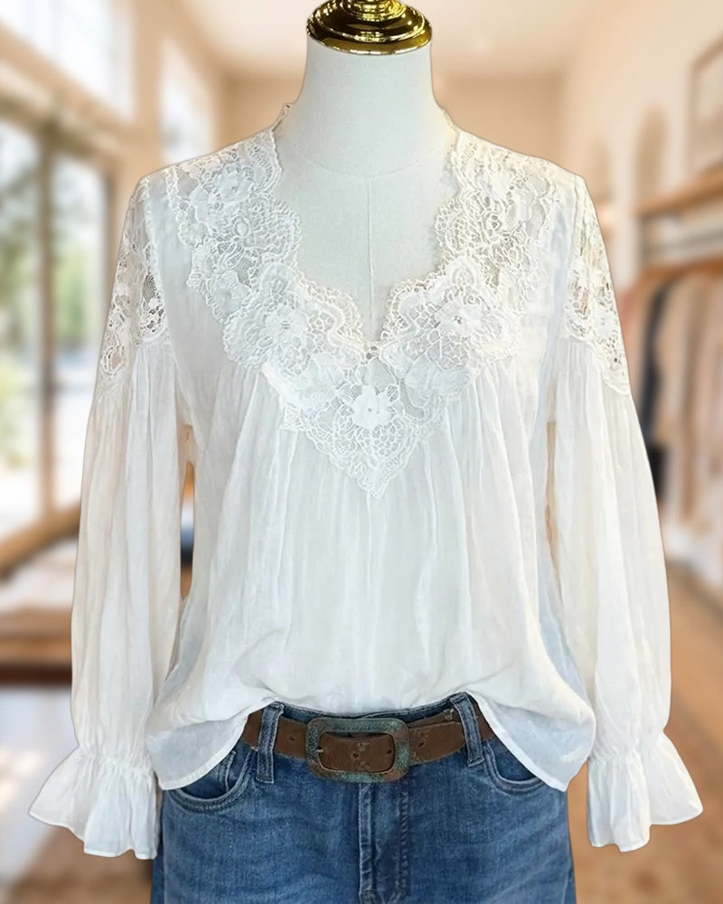 V Neck Lace Trim Flare Sleeve Loose Flowy Blouse