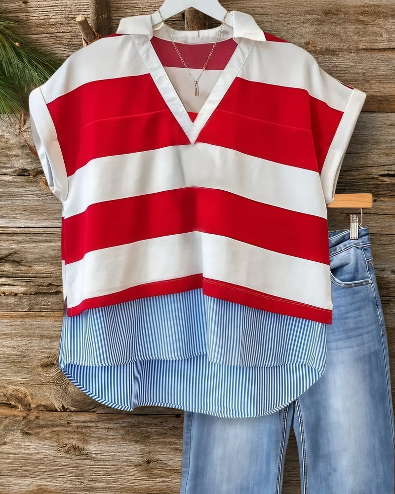 Hit Color Patchwork Striped Preppy V Neck Blouse