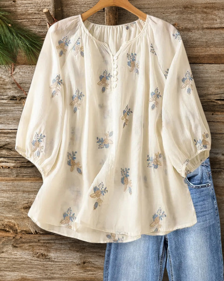 Floral Embroidered Puff Sleeve V Neck Button Front Blouse