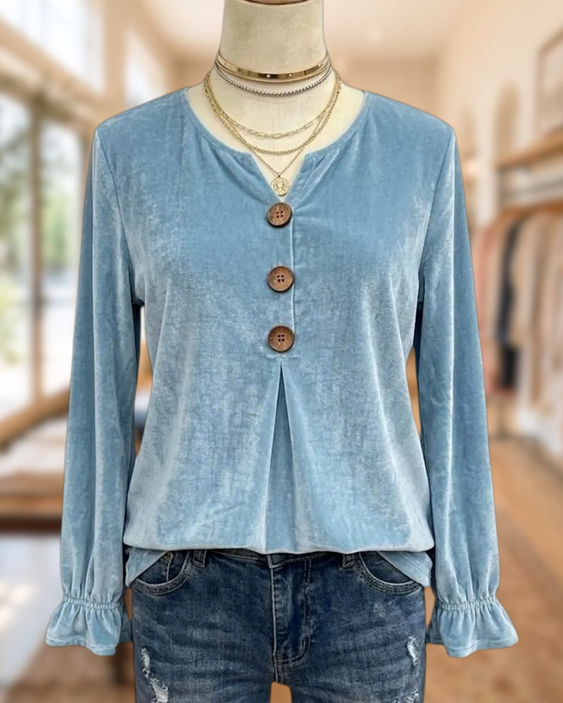 Velvet V Neck Pleated Front Solid Color Long Sleeve Chic Blouse