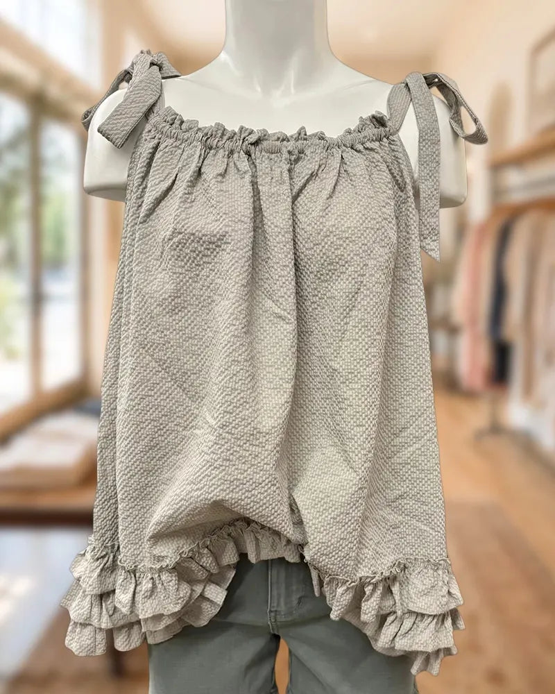 Tie Shoulder Ruffle Hem Textured Flowy Casual Cami Top