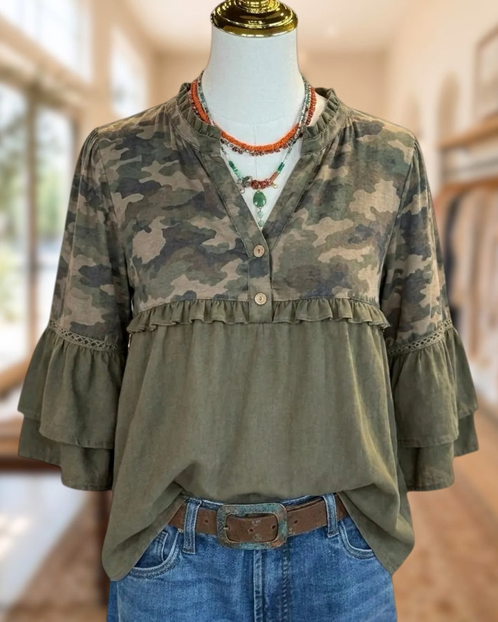 100% Cotton Camo Print Ruffle Trim Button Front Flare Sleeve Blouse