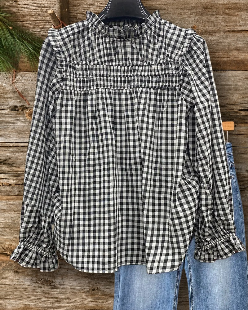 Gingham Playful Ruffles Trim Puff Sleeve Blouse