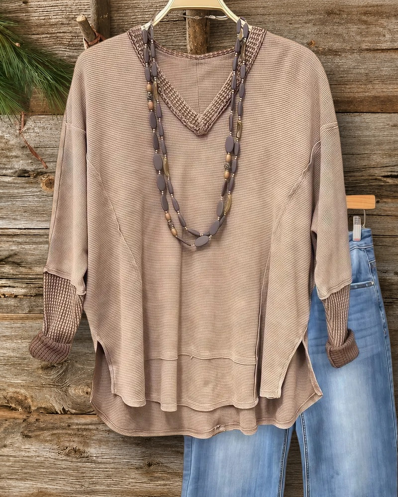 Patchwork V Neck Sporty Side Slit High Low Blouse