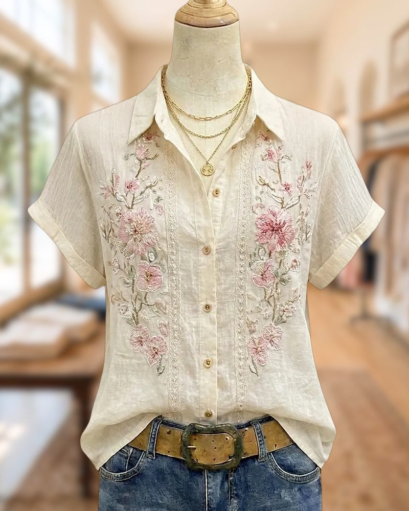 Floral Embroidered Collared Short Sleeve Button Front Blouse