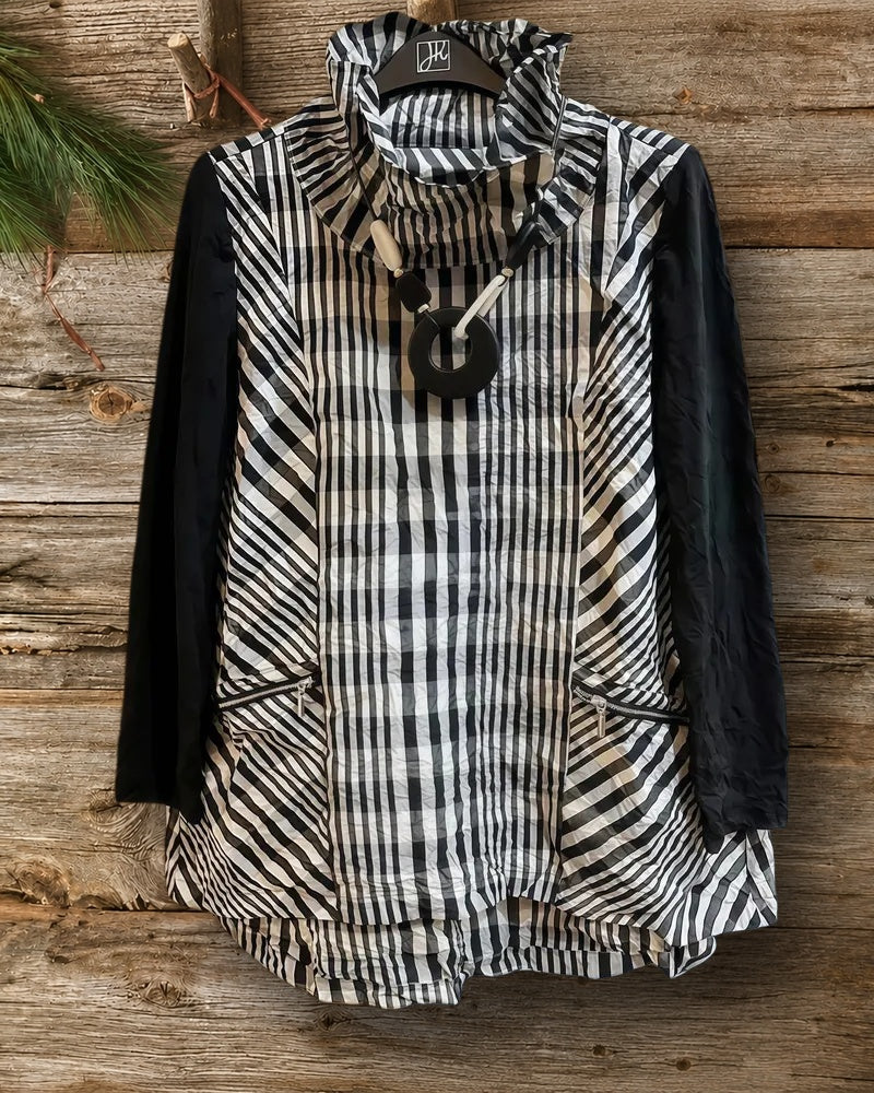 Patchwork Mixed Striped Print Chic Pocket Blouse