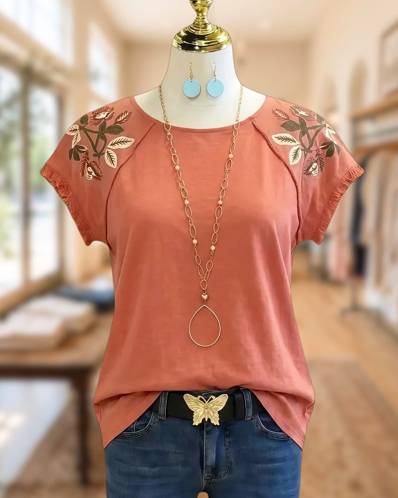 Floral Print Round Neck Feminine Frayed Shirt