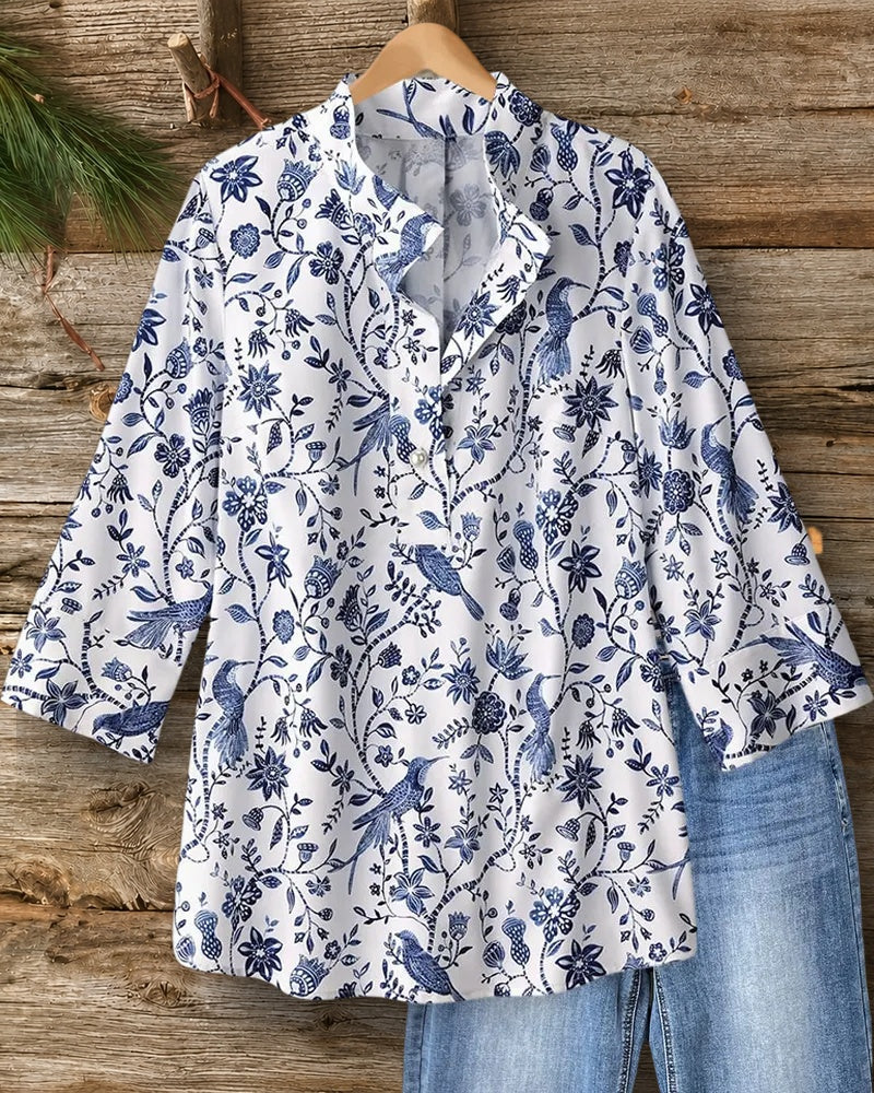 Floral Bird Print 3/4 Sleeve Partial Placket Mandarin Collar Blouse
