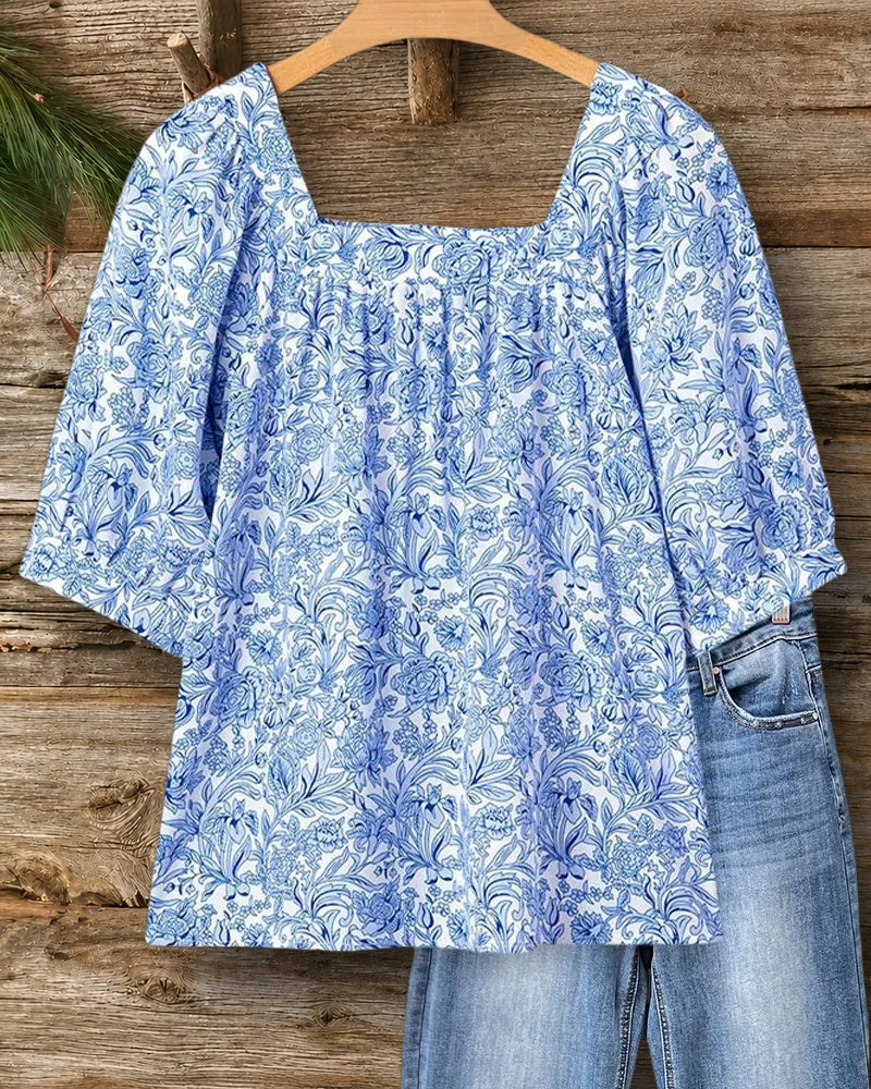 Square Neck Puff Sleeve Floral Print Casual Blouse