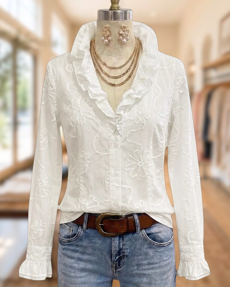 V Neck Floral Embroidered Button Blouse