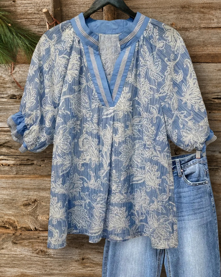 Floral Print V Neck Puff Sleeve Loose Casual Blouse