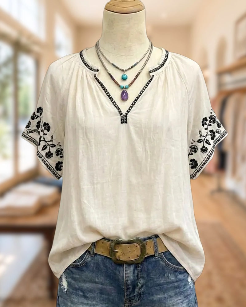 V Neck Floral Embroidered Contrast Trim Loose Casual Blouse