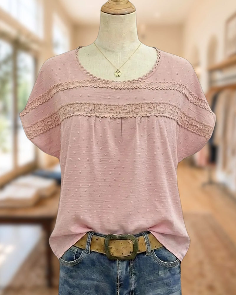 Lace Trim Round Neck Swiss Dot Loose Casual Blouse