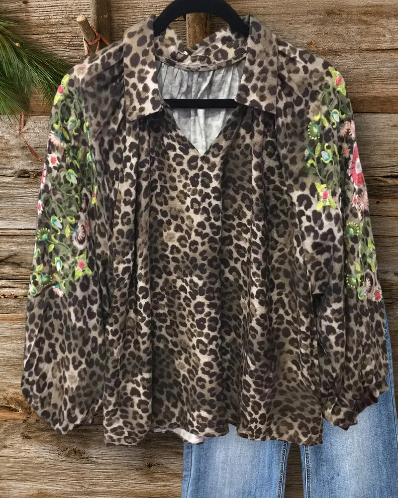 Leopard & Floral Print V Neck On-trend Blouse