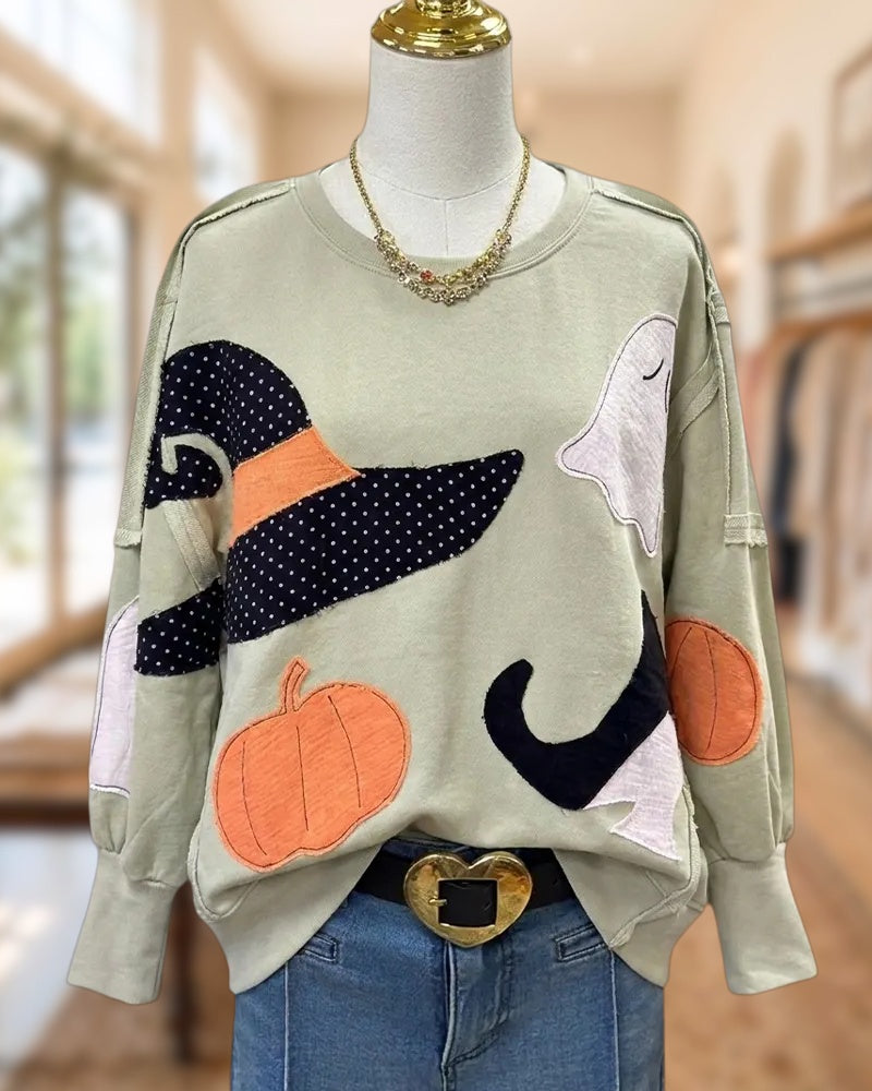Halloween Ghost Pumpkin Applique Exposed Seam Casual Sweatshirt