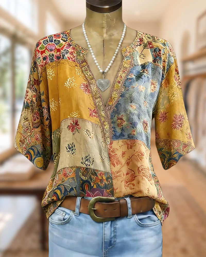 Floral Print Patchwork V Neck On-trend Blouse