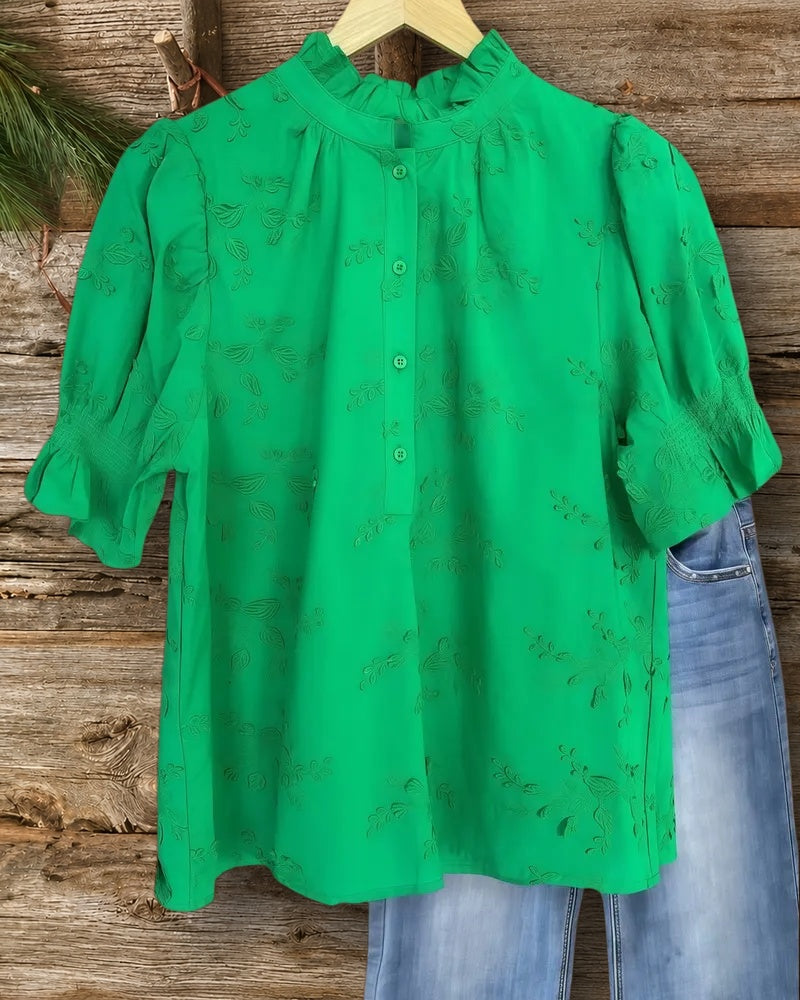 Solid Color Floral Embroidery Elegant Puff Sleeve Blouse